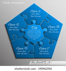 Five piece flat puzzle infographic presentation. 5 step circle business diagram. Five section compare service banner. Vector illustration template shape . 3d Abstract Background