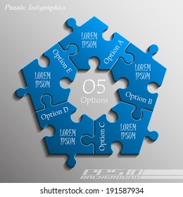 Five piece flat puzzle infographic presentation. 5 step circle business diagram. Five section compare service banner. Vector illustration template shape . 3d Abstract Background