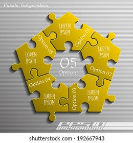 Five piece flat puzzle infographic presentation. 5 step circle business diagram. Five section compare service banner. Vector illustration template shape . 3d Abstract Background