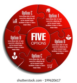 Five piece flat puzzle round infographic presentation. 5 step circle business diagram. Five section compare service banner. Vector illustration template shape . 3d Abstract Background