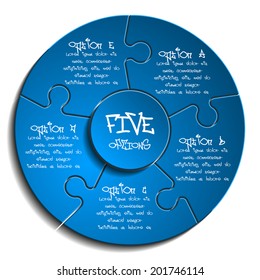 Five piece flat puzzle round infographic presentation. 5 step circle business diagram. Five section compare service banner. Vector illustration template shape . 3d Abstract Background