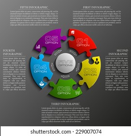 Five Piece Flat Puzzle Round Infographic Presentation. 5 Step Circle Business Diagram. Five Section Compare Service Banner. Vector Illustration Template Shape . 3d Abstract Background