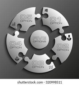 Five piece flat puzzle round infographic presentation. 5 step circle business diagram. Five section compare service banner. Vector illustration template shape . 3d Abstract Background