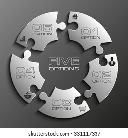 Five piece flat puzzle round infographic presentation. 5 step circle business diagram. Five section compare service banner. Vector illustration template shape . 3d Abstract Background