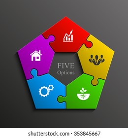 Five piece flat puzzle round infographic presentation. 5 step circle business diagram. Five section compare service banner. Vector illustration template shape . 3d Abstract Background