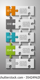 Five piece flat puzzle round infographic presentation. 5 step circle business diagram. Five section compare service banner. Vector illustration template shape . 3d Abstract Background