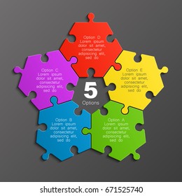 Five piece puzzle business presentation. Circle infograph. 5 step puzzle process diagram. Five section compare service banner. 5 section shape, info graphic banner background