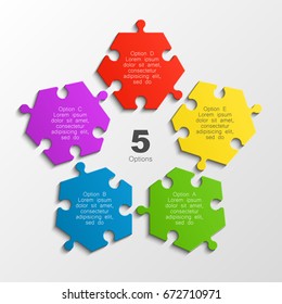 Five piece puzzle business presentation. Circle infograph. 5 step puzzle process diagram. Five section compare service banner. info graphic banner background