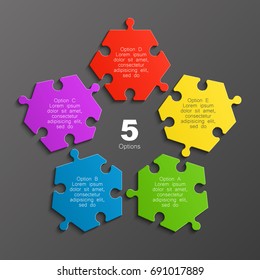 Five piece puzzle business presentation. Circle infograph. 5 step puzzle process diagram. Five section compare service banner. 5 section shape, info graphic banner background