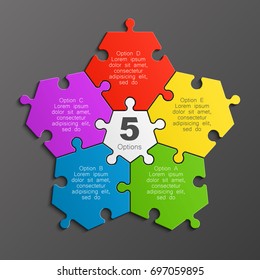 Five piece puzzle business presentation. Circle infograph. 5 step puzzle process diagram. Five section compare service banner. 5 section shape, info graphic banner background