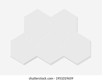 Five pieces of a hexagon puzzle. Hexagonal mosaic infographics.