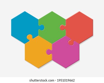 Five pieces of a hexagon puzzle. Hexagonal mosaic infographics.