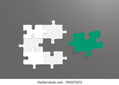 Five pieces of the puzzle with a gray gradient are embedded into each other. The sixth green piece is ready to fit in between them. All on the grey gradient background.