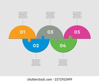 Five pieces puzzle half circles diagram. Circles business presentation infographic. 5 steps, parts, pieces of process diagram. Section compare banner. Jigsaw puzzle info graphic. Marketing strategy.