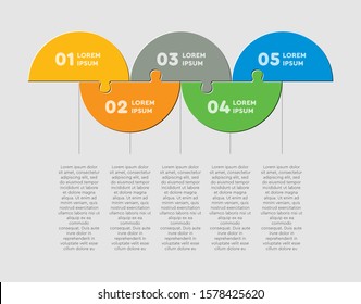 Five pieces puzzle half circles diagram. Circles business presentation infographic. 5 steps, parts, pieces of process diagram. Section compare banner. Jigsaw puzzle info graphic. Marketing strategy.