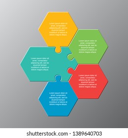 Five pieces puzzle hexagonal diagram. Hexagon business presentation infographic. 5 steps, parts, pieces of process diagram. Section compare banner. Jigsaw puzzle info graphic. Marketing strategy.