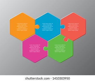 Five pieces puzzle hexagonal diagram. Hexagon business presentation infographic. 5 steps, parts, pieces of process diagram. Section compare banner. Jigsaw puzzle info graphic. Marketing strategy.