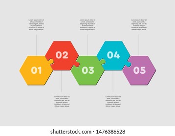 Five pieces puzzle hexagonal diagram. Hexagon business presentation infographic. 5 steps, parts, pieces of process diagram. Section compare banner. Jigsaw puzzle info graphic. Marketing strategy.