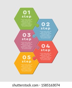 Five Pieces Puzzle Hexagonal Vertical Timeline. Hexagon Business Presentation Infographic. 5 Steps, Parts, Pieces Of Process Diagram. Section Compare Banner. Jigsaw Puzzle Info Graphic.