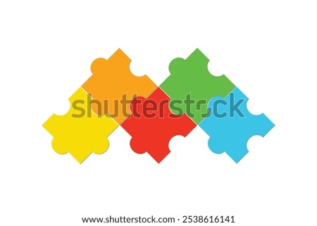 Five pieces puzzle infographic. Puzzle pieces vector set. Puzzle jigsaw on white background. Set of puzzle pieces. Vector illustration