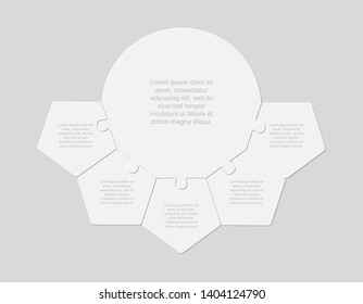 Five pieces puzzle pentagon diagram. Pentagons business presentation infographic. 5 steps, parts, pieces of process diagram. Section compare banner. Jigsaw puzzle info graphic. Marketing strategy.