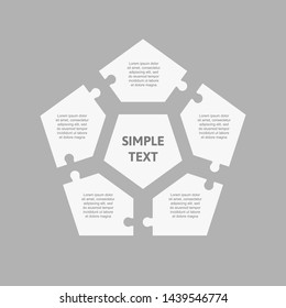 Five pieces puzzle pentagon diagram. Pentagons business presentation infographic. 5 steps, parts, pieces of process diagram. Section compare banner. Jigsaw puzzle info graphic. Marketing strategy.