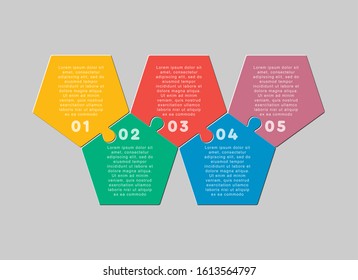 Five pieces puzzle pentagon diagram. Penta business presentation infographic. 5 steps, parts, pieces of process diagram. Section compare banner. Jigsaw puzzle info graphic. Marketing strategy.