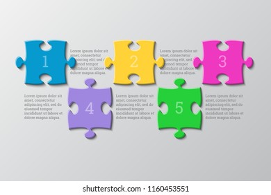 Five pieces puzzle squares diagram. Squares business presentation infographic. 5 steps, parts, pieces of process diagram. Section compare banner. Jigsaw puzzle info graphic.Marketing strategy.