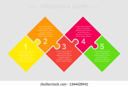 Five pieces puzzle squares diagram. Squares business presentation infographic. 5 steps, parts, pieces of process diagram. Section compare banner. Jigsaw puzzle info graphic. Marketing strategy.