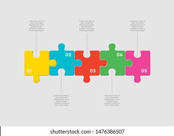 Five pieces puzzle squares diagram. Squares business presentation infographic. 5 steps, parts, pieces of process diagram. Section compare banner. Jigsaw puzzle info graphic. Marketing strategy.