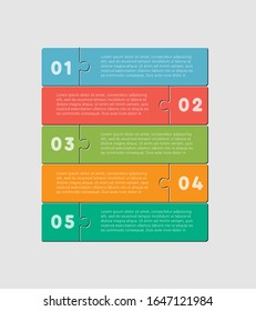 Five pieces puzzle squares diagram. Rectangles business presentation infographic. 5 steps, parts, pieces of process diagram. Section compare banner. Jigsaw puzzle info graphic. Marketing strategy.