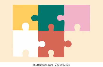 Five pieces puzzle squares diagram. Squares business presentation infographic. 5 steps, parts, pieces of process diagram. Section compare banner. Jigsaw puzzle info graphic.Marketing strategy.