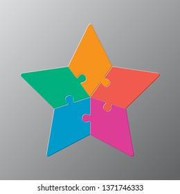 Five pieces puzzle star diagram. Stars business presentation infographic. 4 steps, parts, pieces of process diagram. Section compare banner. Jigsaw puzzle info graphic. Marketing strategy.