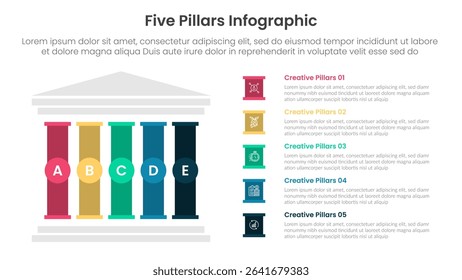 Five pillars framework with ancient classic construction infographic with 5 point stage template with left column and creative box description for slide presentation vector
