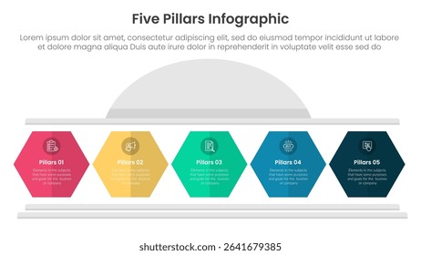 Five pillars framework with ancient classic construction infographic with 5 point stage template with hexagon pillar shape for slide presentation vector