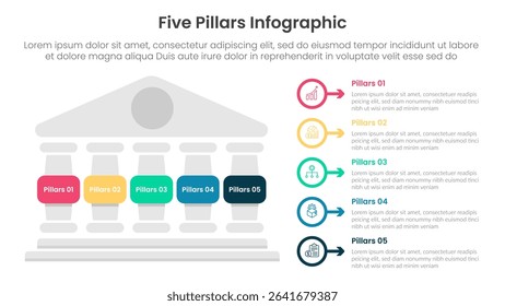 Five pillars framework with ancient classic construction infographic with 5 point stage template with left column and outline circle arrow for slide presentation vector