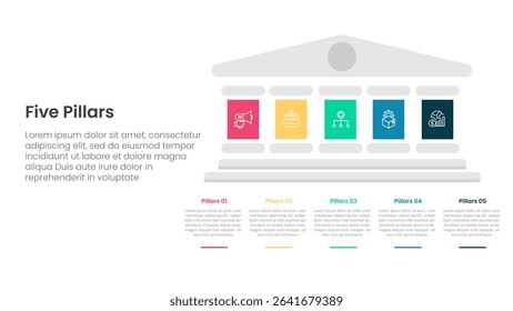 Five pillars framework with ancient classic construction infographic with 5 point stage template with big pillars on right column side for slide presentation vector