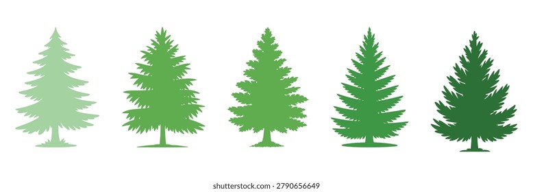 five pine tree silhouettes in green shades