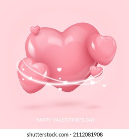 Five pink glossy candy hearts with light. Look like 3d. Symbol of love. Be my Valentine. Vector illustration for card, party, design, flyer, poster, decor, banner, web, advertising.