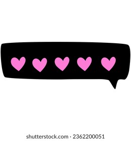 five pink heart in square chat bubble, feedback customer comments, doodle style, vector illustration 