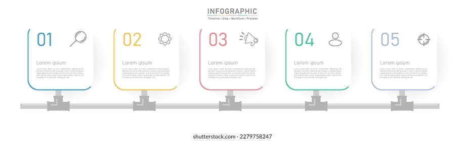 Five pipe line business option infographic template. Minimal step workflow number icon element presentations. Timeline diagram object vector.