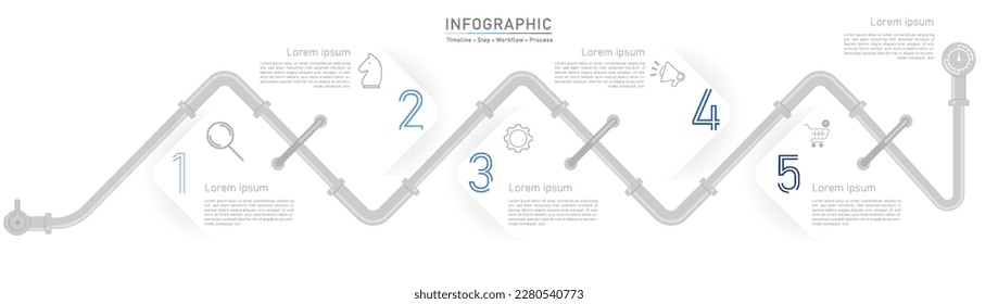 Plantilla infográfica de opciones de negocio de cinco líneas de tubería. Presentaciones de elementos de icono de número de flujo de trabajo de paso mínimo. vector de objeto de diagrama de línea de tiempo.