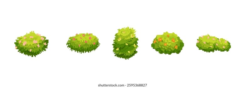 Five pixel art bushes display a variety of green shades and textures, each adorned with flowers.