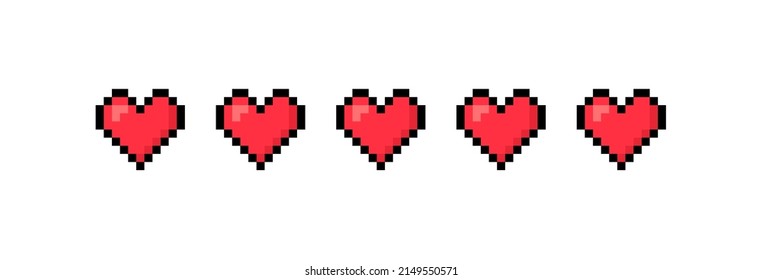Five pixel hearts collection. Pixel game life bar, gaming controller. Rate your love. Love measuring indicator with hearts. Vector art 8 bit.