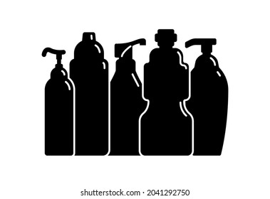 Five plastic cosmetic jar product. Oil, mask, cream. Cosmetic container. Illustration design in the form of black silhouette with thin white lines. Isolated icon in flat style on white background.
