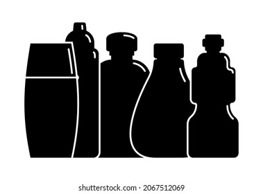 Five plastic cosmetic jar product. Oil, mask, cream. Cosmetic container. Illustration design in the form of black silhouette with thin white lines. Isolated icon in flat style on white background.
