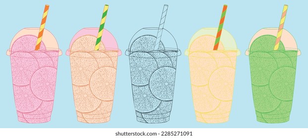 Five plastic cups with fruit slices. Orange, lemon, lime, grapefruit and citrus fruits. Black and color outlines.