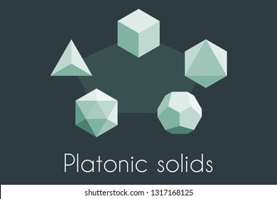 Five Platonic Solids. Sacred Geometry Illustration. Tetrahedron, Icosahedron, Octahedron Dodecahedron Cube