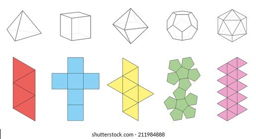 Five platonic solids, three-dimensional figures and corresponding nets. Isolated vector illustration over white background.