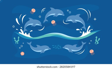 Five playful blue dolphins jumping and swimming in the deep ocean alongside jellyfish and small school of fish.